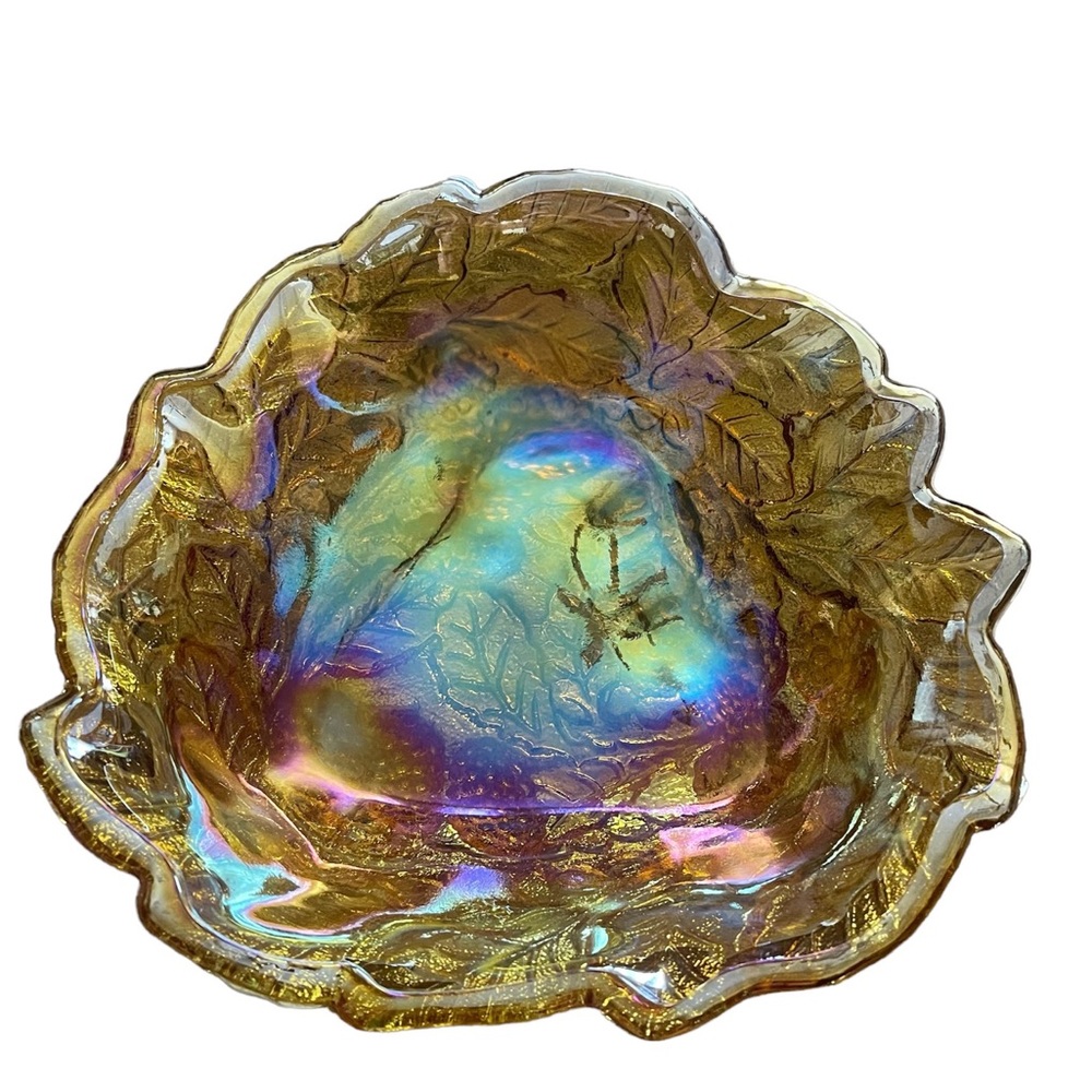 Vintage Carnival Glass Indiana Amber Iridescent Flower Leaf Bowl Candy Dish